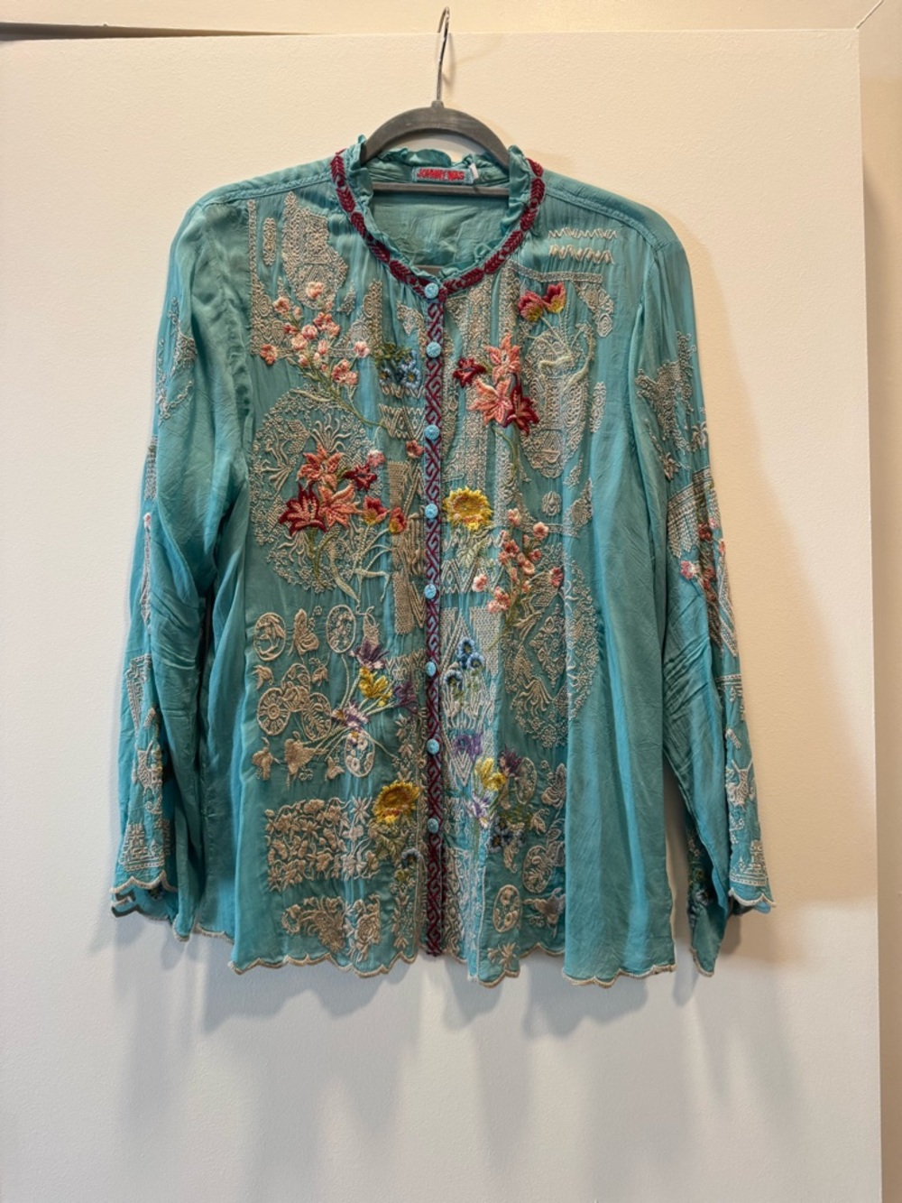 Johnny Was Turquoise Embroidered Top with Pink Logo